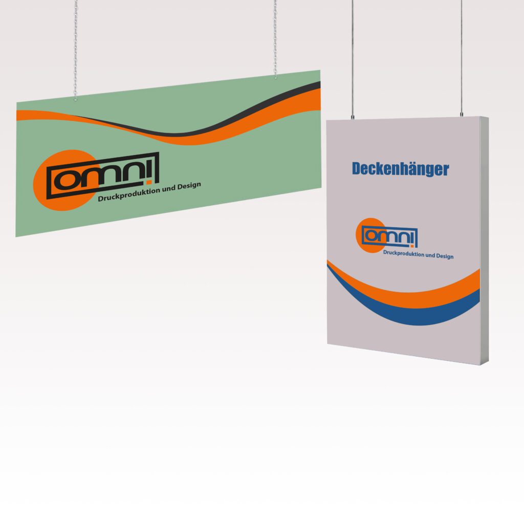 Deckenhaenger, omnidruck, auf das bild seht man, dass ein Logo auf Deckenhänger gedruckt ist. Omnidruck logo. weißer Hintergrund