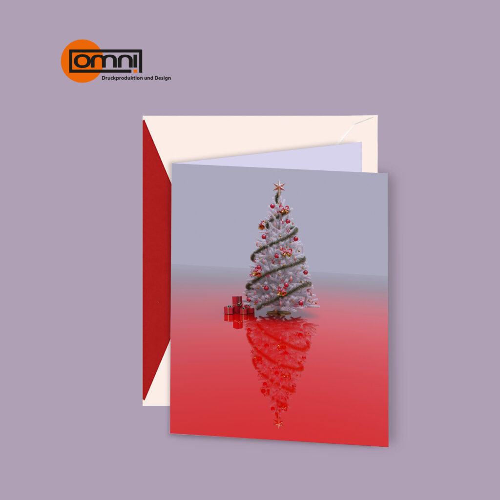 Weihnachtskarten kreativ gestaltet in heller Farben mit Weihnachtsbaum. Individuell nach ihrem Bedarf gestaltet.