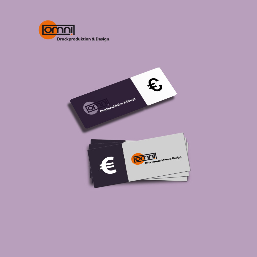 Eintrittskarten mit Omnidruck Logo und Euro Währung. Lila Background und links oben wird der Omnidruck Logo angezeigt. Hier könnte ihr Design oder Logo für ihre Eintrittskarte draufstehen.
