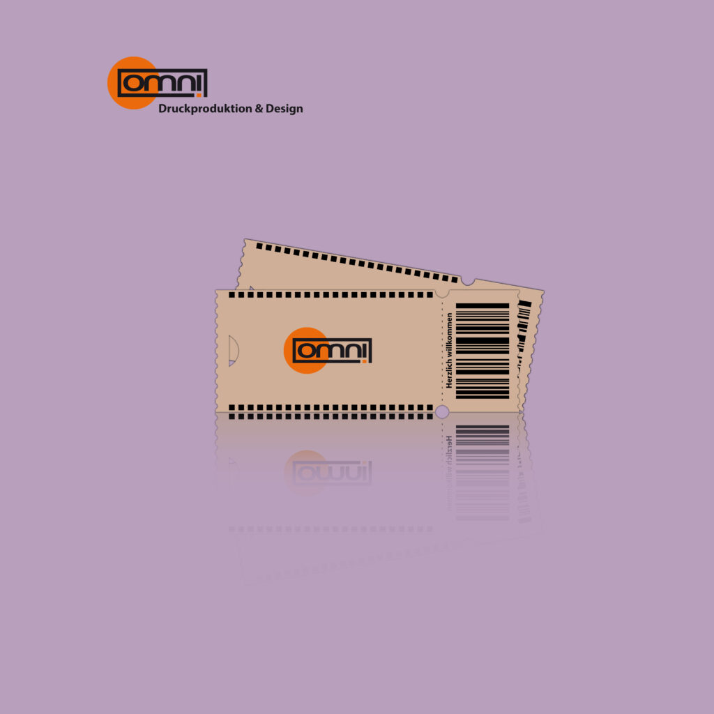 Eintrittskarten mit Omnidruck Logo und barcode scanner. ähnliche Form wie bei einer Kinokarte. Lila Background und links oben wird der Omnidruck Logo angezeigt. Hier könnte ihr Design oder Logo für ihre Eintrittskarte draufstehen.