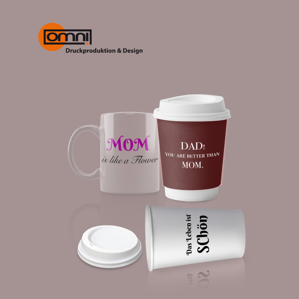 Kaffeetassen aus Keramik mit Omnidruck Logo mit individuellem Druck in beliebiger Farbe. Kaffeebecher individuell bedruckt in verschieden Farben ihrer Wahl.
