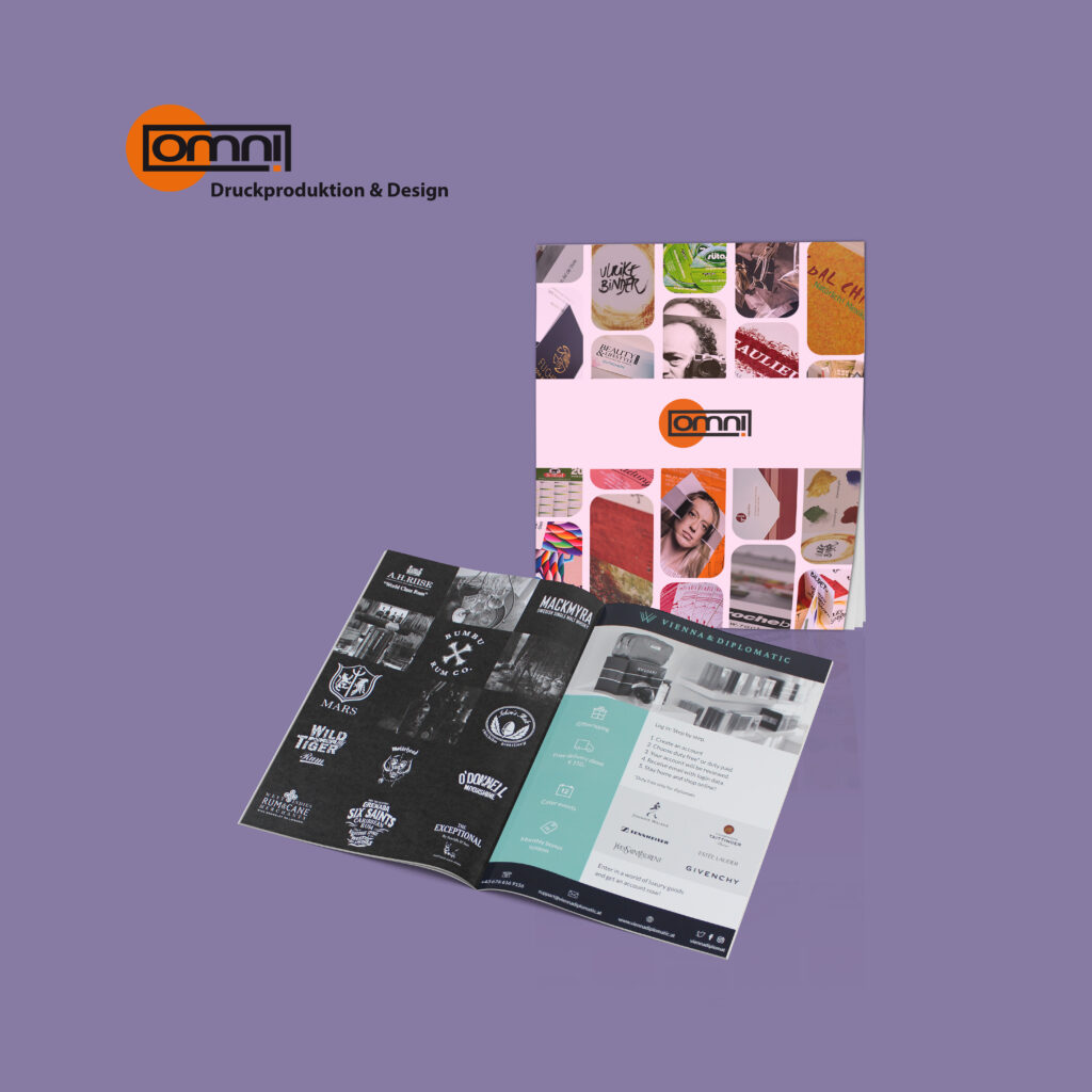 Magazine in passende Format in unzählige Papiersorten bedrucken lassen. Farbige Magazincover mit Bildern mit Omnidruck Logo.