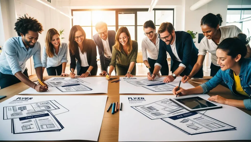 Designer im kreativen Prozess beim Entwerfen von Flyern im Büro