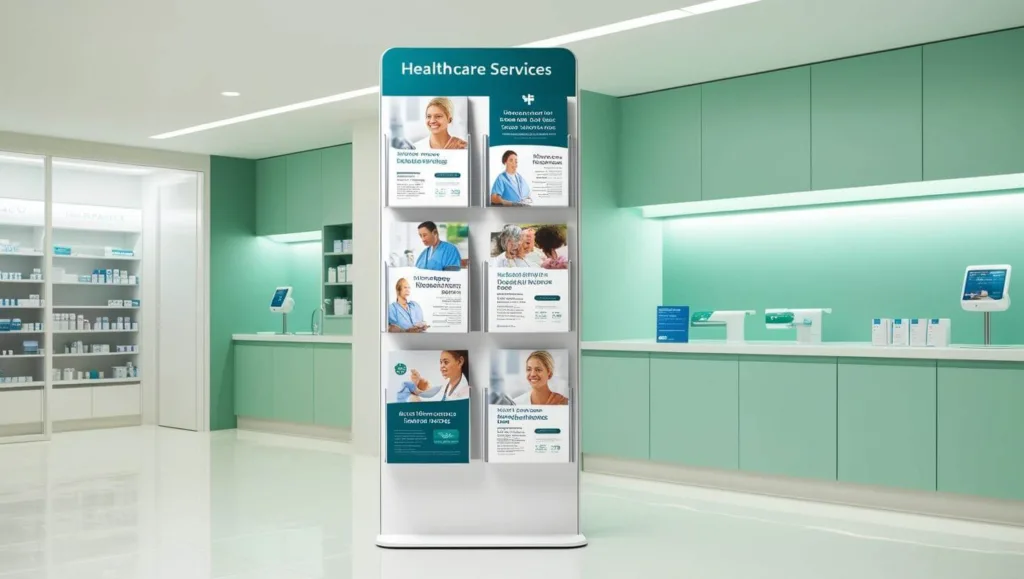 Flyerständer in einer Apotheke mit Informationsflyern zu Gesundheitsangeboten