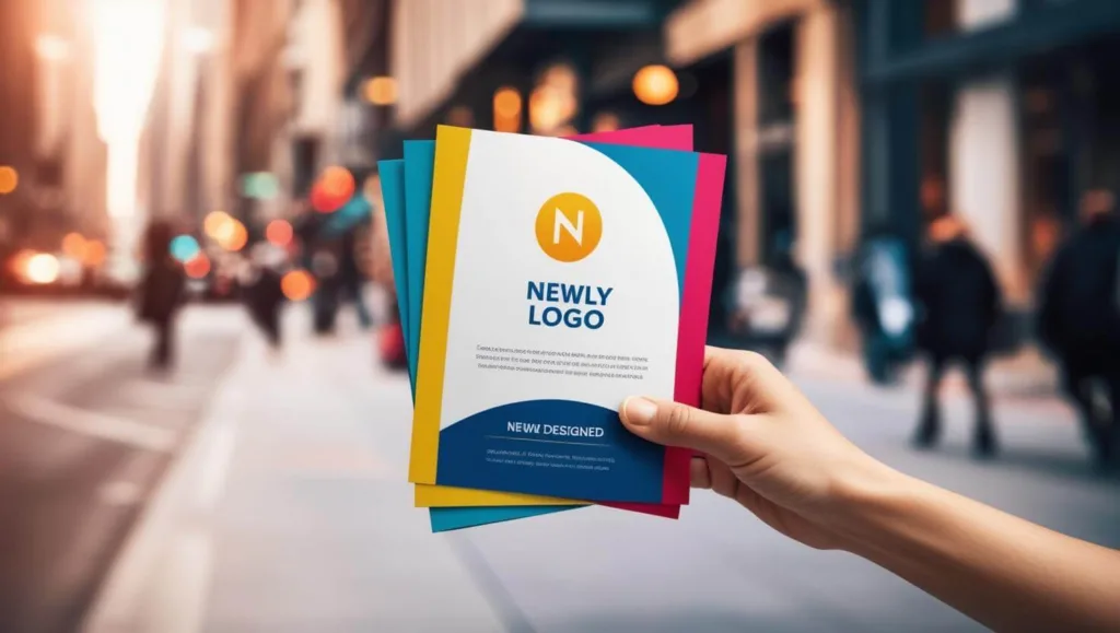 Hand hält professionell gestalteten Flyer vor einer belebten Straße