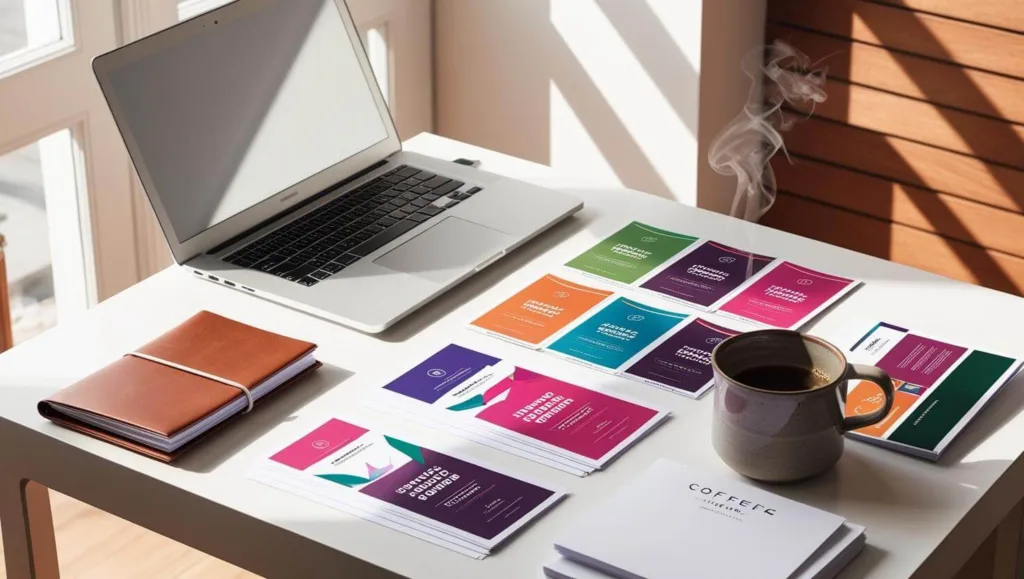 Professionell gestaltete Flyer auf einem Schreibtisch mit Design-Tools und Laptop