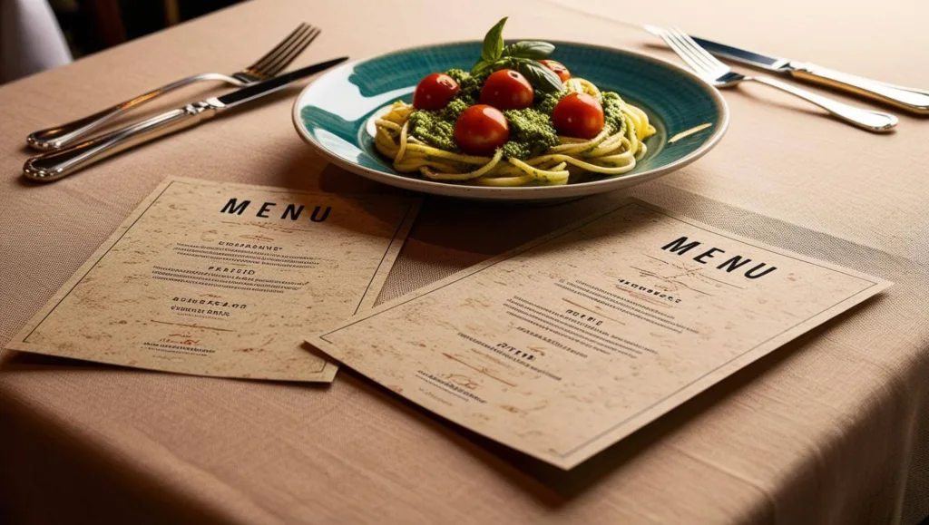 Restauranttisch mit ansprechenden Menüs und Flyerdesigns neben frischen Speisen