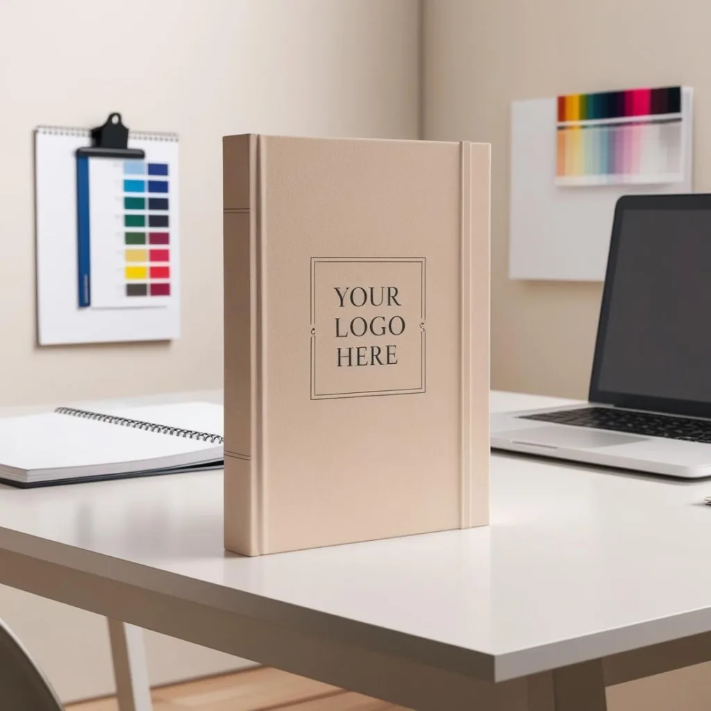 Buchcover-Design auf einem Holztisch mit Collegeblock, Farbmustern und Macbook