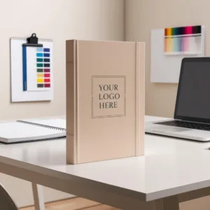 Buchcover-Design auf einem Holztisch mit Collegeblock, Farbmustern und Macbook