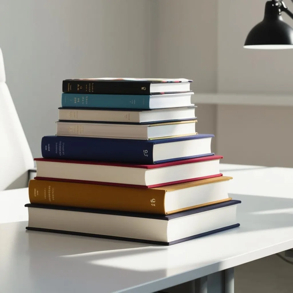 Gestapelte Bücher in unterschiedlichen Formaten, Farben und Bindungen