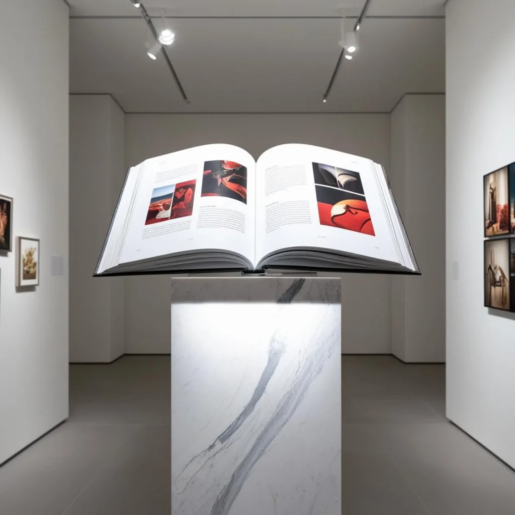 Kunstbuch mit großflächigen Bildern, ausgestellt in einer Galerie