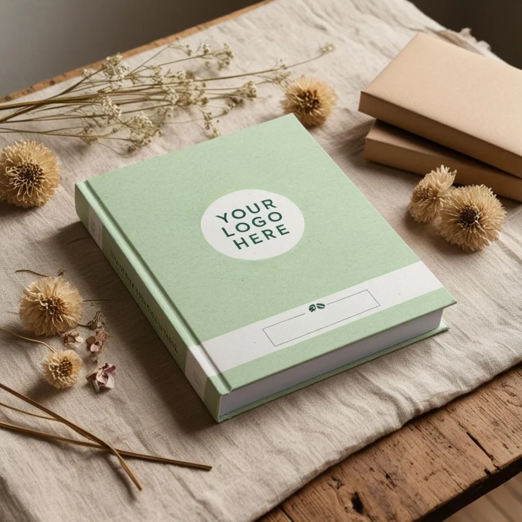 Ein umweltfreundliches Buch, umgeben von Natur, symbolisiert nachhaltiges Design und Materialwahl.