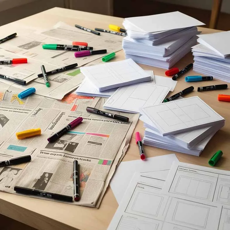 Kreativer Arbeitsplatz mit Skizzen und Layoutentwürfen für Zeitung