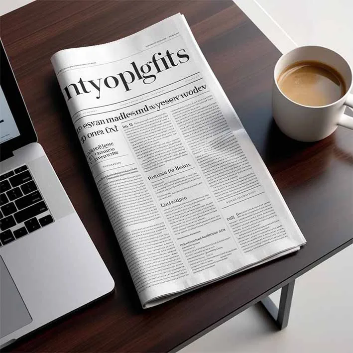 Moderne Zeitung auf Tisch neben Laptop und Kaffeetasse