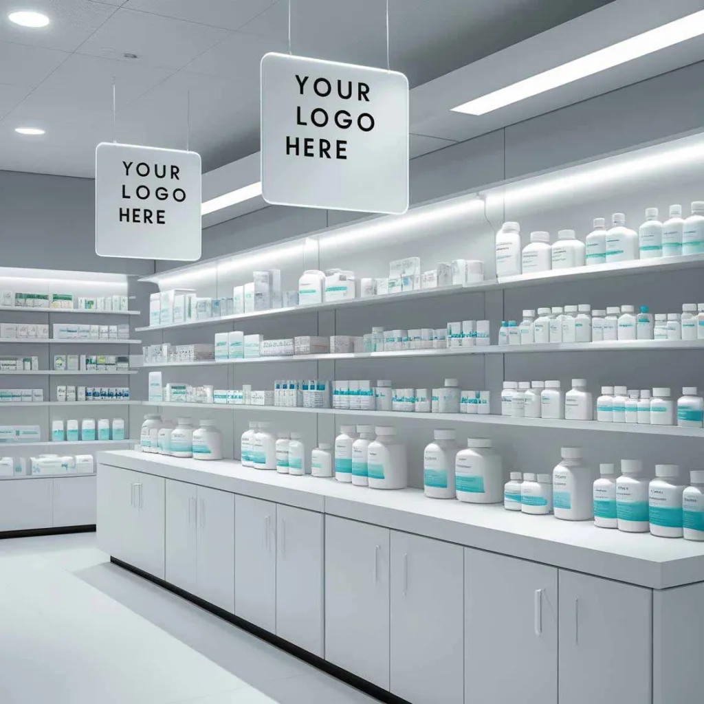 Deckenhänger in einer Apotheke mit Branding-Platz