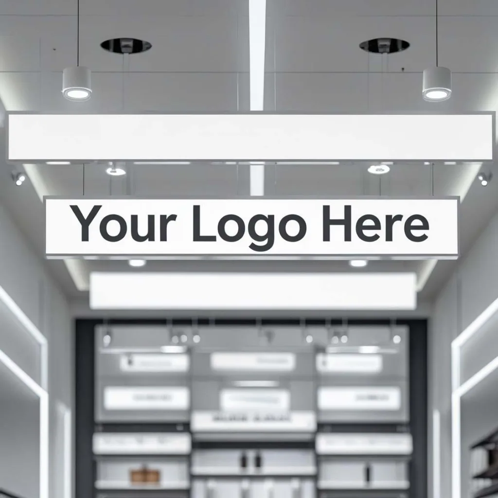 Deckenhänger mit Platz für Logo in einem modernen Geschäft