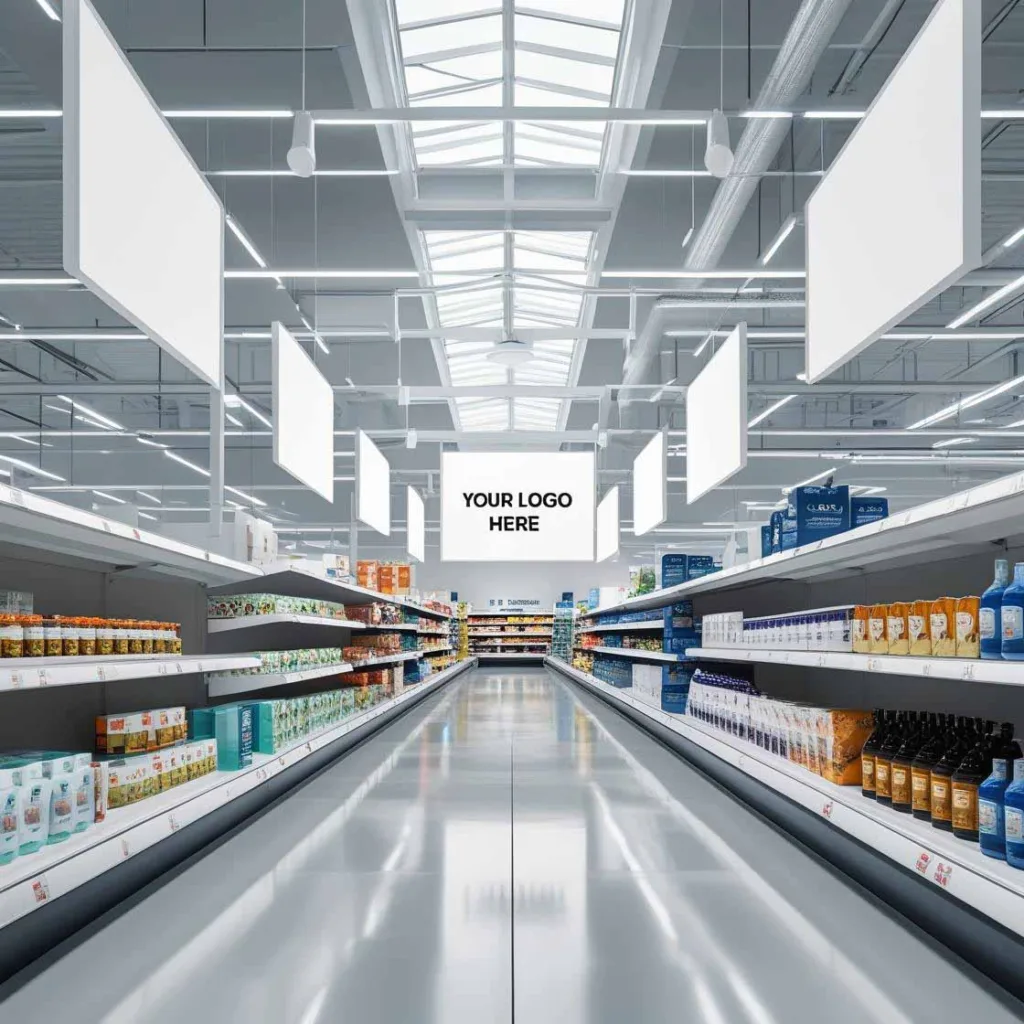 Deckenhänger mit Kategoriehinweisen in einem Supermarkt