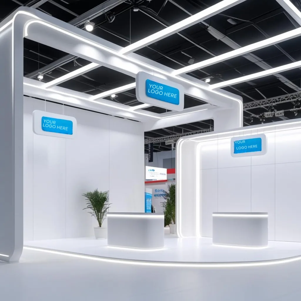 Deckenhänger über einem Messestand mit Logo-Platzhalter