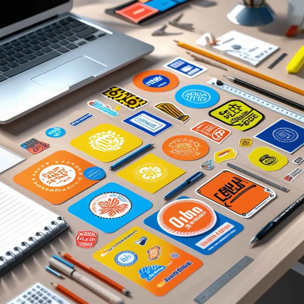 Bunte Aufkleber-Sticker auf Schreibtisch mit Laptop und Design-Tools, kreative Markenauftritte