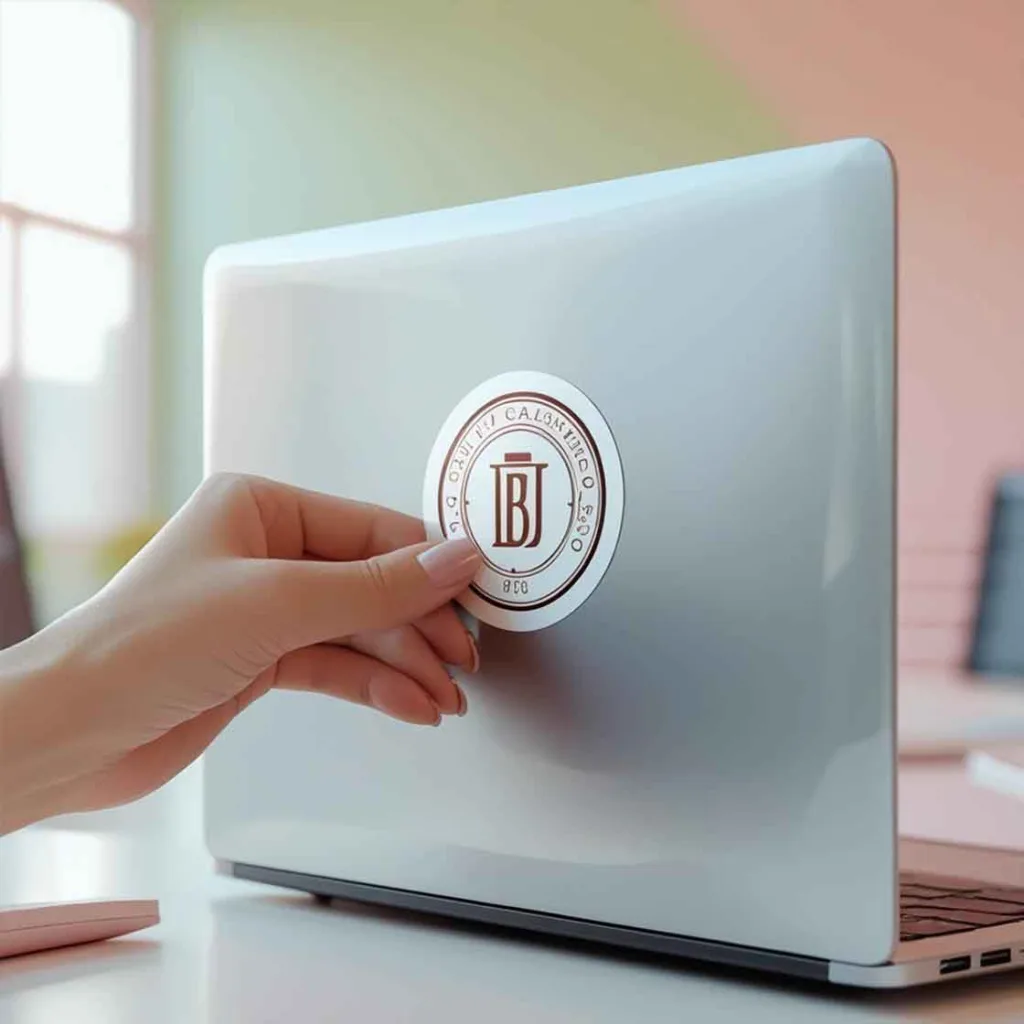 Individuell gestalteter Aufkleber auf Laptop mit Firmenlogo, Markenbotschafter Sticker